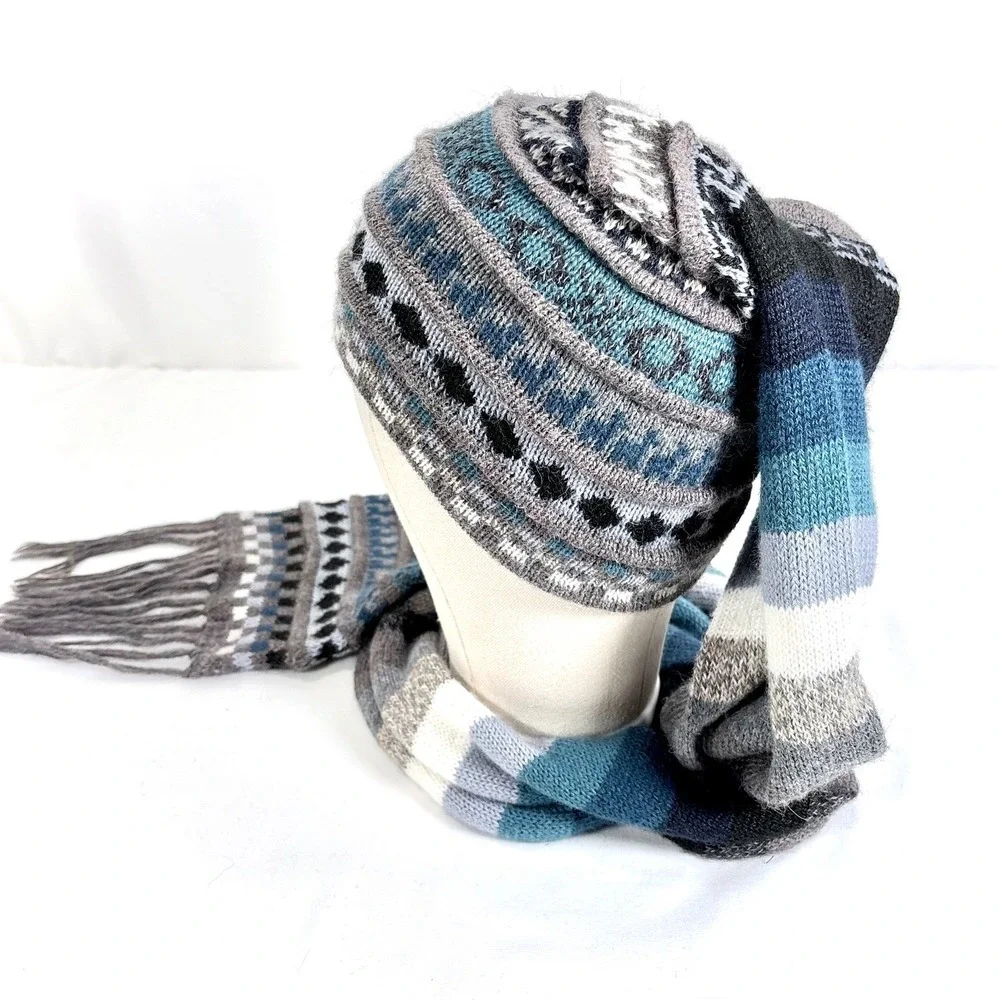 Hand Knit Alpaca Wool Blend Fair Isle Beanie and‎ Scarf in One Blue Grey